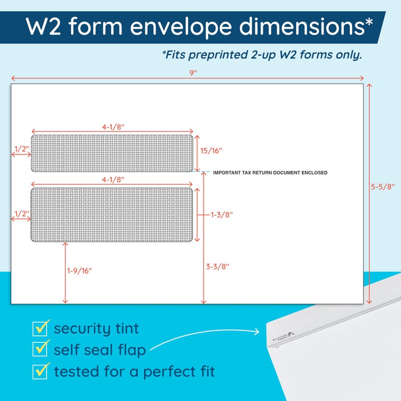 Blue Summit Supplies Blue Summit 25 W2 Envelopes 2025 Self Seal, W-2 Double Window Security Envelopes for 2 UP IRS Tax Forms from QuickBooks Online, Desktop, ADP and Other Software, 5 5/8â€™â€™ x 9â€™â€™, 25 Form Envelopes - Image 2